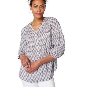 J. Jill Madeira Pintuck Blouse Blue Paisley Sz XL Button Tunic